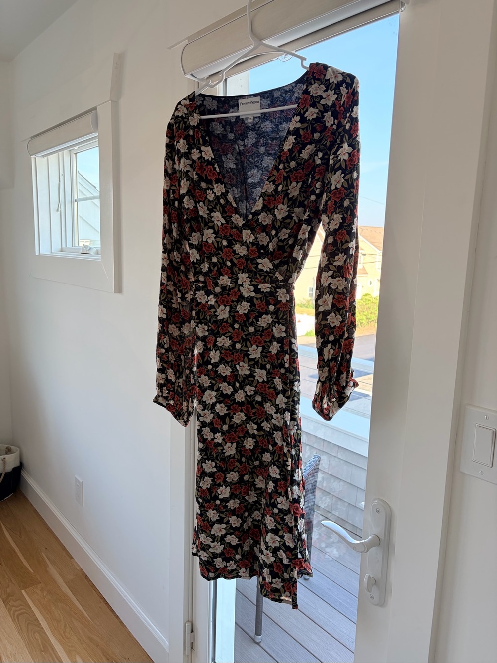 Privacy Please Black Floral Wrap Midi Dress with Red and Cream Blooms